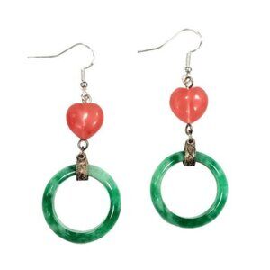 Tigerstars Exotic Tibetan Green Jade Hoop Heart Sterling Silver Earrings